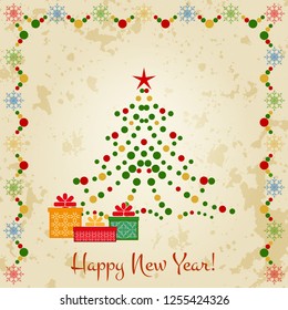 Abstract Christmas tree with colored balls and gifts. Grunge style background. Happy New Year 2019 and Merry Christmas. Postcard for the New Year, Christmas. Poster, template. Vector illustration.