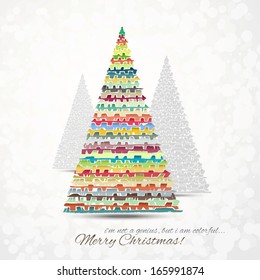 abstract Christmas tree with colorful ornament on white holiday background