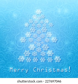 Abstract Christmas Tree Composed From Snowflakes. Vector Winter Card