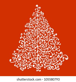 Abstract christmas tree consist of many swirls, white on red background, vector illustration