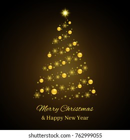 Abstract Christmas tree consisting of golden balls, lights, snowflakes on a dark brown background. Square New Year card. Congratulatory inscription below. Vector illustration.