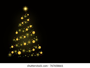 Abstract Christmas tree consisting of golden balls, lights, snowflakes on a black background. A rectangular greeting card or horizontal banner. Free space for your own text. Vector illustration.