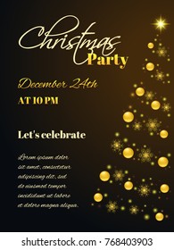 Abstract Christmas tree consisting of golden balls, lights, snowflakes on a dark brown background. Invitation to a party or a vertical banner. You can write your own text. Vector illustration.