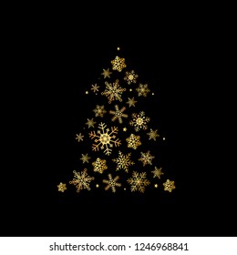 Abstract Christmas tree created from golden snowflakes on black background. Perfect for posters, banners, postcards, prints, invitations design ideas. Vector 10 EPS.