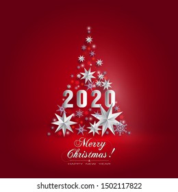 Árbol de Navidad abstracto cortado de estrellas de papel y copos de nieve en un fondo rojo, signo e inscripción 2020 Feliz Navidad y Feliz Año Nuevo