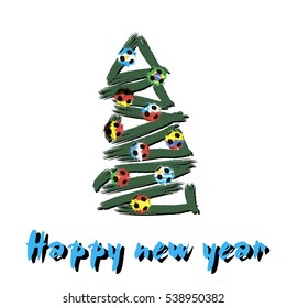 Abstract Christmas tree decorated with balls in the form of flags of countries football teams. Vector illustration