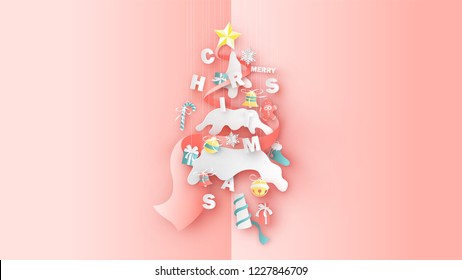 Abstract Christmas tree decorated with Christmas ornaments hanging from the top. Graphic design for Christmas festive. paper cut and craft design. vector, illustration.
