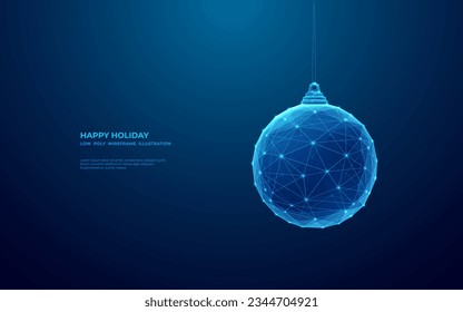 Abstract Christmas tree decoration in a technological futuristic style on a gradient monochrome background. Low poly wireframe noel bauble for card and poster design. Xmas ball toy with connected dots