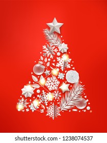 Abstract christmas tree with different accessory. Red card vector illustration