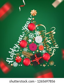 Abstract Christmas Tree of different holiday stuff. Merry Christmas ans Happy New year