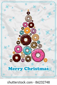 Abstract christmas tree from donuts on a paper-background. Vector greeting card.
