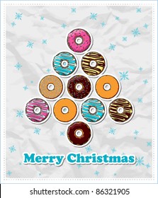 Abstract christmas tree from donuts on a paper-background. Vector greeting card.