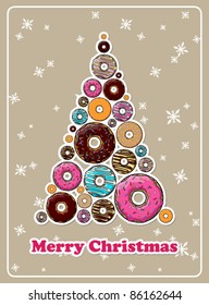 Abstract christmas tree from donuts. Vector greeting card.