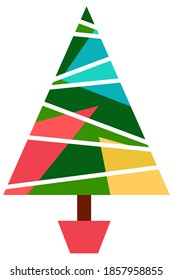 Abstract Christmas tree drawn in vector conventionally painted with triangles in new year's colors