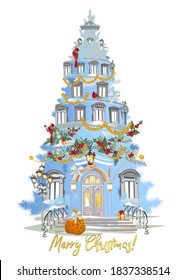 Abstract Christmas tree in the form of a house with windows and an entrance  with decorations from red ribbons, golden beads and birds. Hand drawn vector  card. 