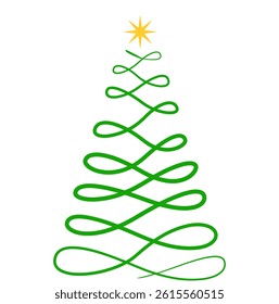 abstract Christmas tree formed by a continuous green, looping line arranged in a conical shape. A yellow star adorns the top of the tree 