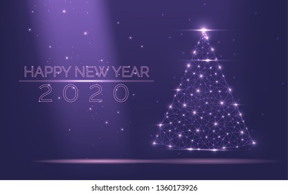 Abstract Christmas tree frame 2020 of bright light from particles popular purple background. Symbol of Happy New Year, Merry Christmas holiday celebration. Low polygonal mesh art vector illustration