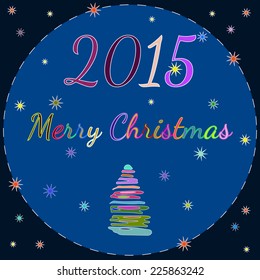 Abstract Christmas tree in the frame with snowflakes on a blue background with numerals 2015, design holiday cards.