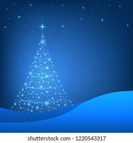 Abstract Christmas tree with glowing snowflakes background. Vector illustration.