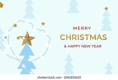 Abstract Christmas tree, gold stars and sparkling lettering Merry Christmas.
