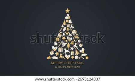 Abstract Christmas tree from gold and white Christmas ornaments on black background graphic illustration. Merry Christmas and Happy New Year luxury greeting card.