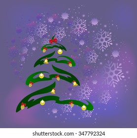 Abstract Christmas tree with golden cones, balls and bells on the background of snowflakes. EPS10 vector illustration.