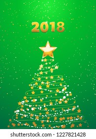 Abstract Christmas Tree with Golden Stars Over Green Festive Background with Decorative Golden 2018 in Numbers
