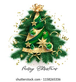 Abstract Christmas tree with green balls and golden stars with 3D effect