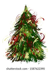 Abstract Christmas tree. Hand drawn grunge style art. Merry Christmas concept design for banner, card, t-shirt, bag, print, poster. Colorful vector illustration
