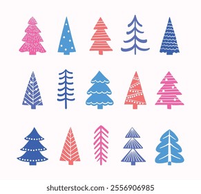 Abstract Christmas tree icon collection. X-Mas doodle ornaments. Vector illustration