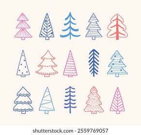 Abstract Christmas tree icon collection. X-Mas doodle ornaments. Vector illustration