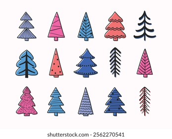 Abstract Christmas tree icon collection. X-Mas doodle ornaments. Vector illustration