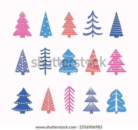 Abstract Christmas tree icon collection. X-Mas doodle ornaments. Vector illustration