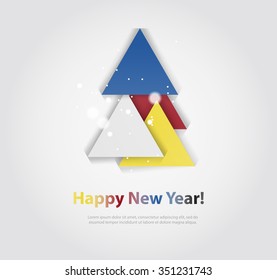 Abstract christmas tree icon or logo concept. Silhouette of evergreen treebuild with colorful abstract triangles with added text and snowflakes.