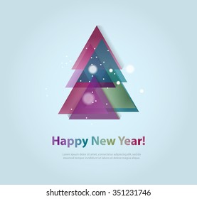 Abstract christmas tree icon or logo concept. Silhouette of evergreen treebuild with colorful abstract triangles with added text and snowflakes.
