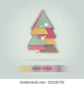 Abstract christmas tree icon or logo concept. Silhouette of evergreen treebuild with colorful abstract triangles with added text and snowflakes.