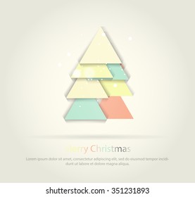 Abstract christmas tree icon or logo concept. Silhouette of evergreen treebuild with colorful abstract triangles with added text and snowflakes.