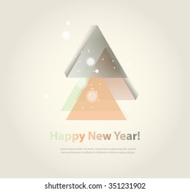 Abstract christmas tree icon or logo concept. Silhouette of evergreen treebuild with colorful abstract triangles with added text and snowflakes.
