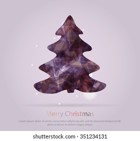 Abstract christmas tree icon or logo concept. Silhouette of evergreen tree filled with colorful abstract pattern with added text and snowflakes.