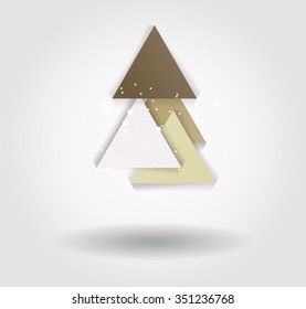 Abstract christmas tree icon or logo concept. Silhouette of evergreen tree build with colorful abstract triangles with added text and snowflakes.