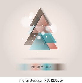 Abstract christmas tree icon or logo concept. Silhouette of evergreen tree build with colorful abstract triangles with added text and snowflakes.