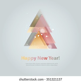 Abstract christmas tree icon or logo concept. Silhouette of evergreen tree build with colorful abstract triangles with added text and snowflakes.
