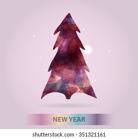 Abstract christmas tree icon or logo concept. Silhouette of evergreen tree filled with colorful abstract pattern with added text and snowflakes.