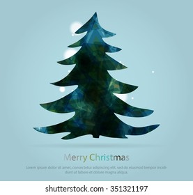 Abstract christmas tree icon or logo concept. Silhouette of evergreen tree filled with colorful abstract pattern with added text and snowflakes.
