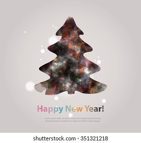 Abstract christmas tree icon or logo concept. Silhouette of evergreen tree filled with colorful abstract pattern with added text and snowflakes.