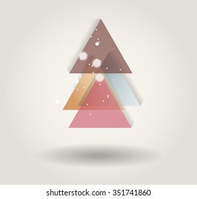 Abstract christmas tree icon or logo concept. Silhouette of evergreen tree build with colorful abstract triangles with added text and snowflakes.