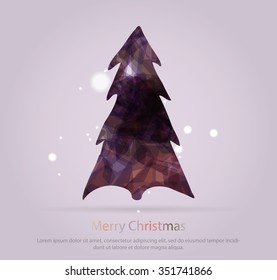 Abstract christmas tree icon or logo concept. Silhouette of evergreen tree filled with colorful abstract pattern with added text and snowflakes.