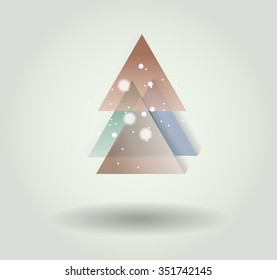 Abstract christmas tree icon or logo concept. Silhouette of evergreen tree build with colorful abstract triangles with added text and snowflakes.