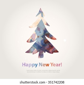 Abstract christmas tree icon or logo concept. Silhouette of evergreen tree filled with colorful abstract pattern with added text and snowflakes.