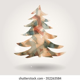 Abstract christmas tree icon or logo concept. Silhouette of evergreen tree filled with colorful abstract pattern with added text and snowflakes.